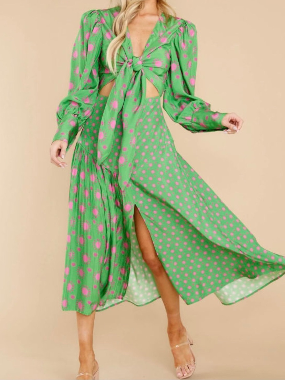 Celia B Bright Green Julieta Long Sleeve Dress with Pink Sunburst Polka Print S